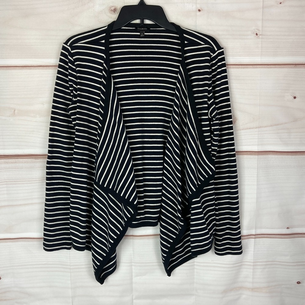 Talbots Sweater Women Small Black White Cotton Striped Open Front Knit Cardigan